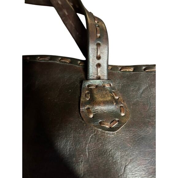 Leather Tote Shoulder Bag Large Purse Dark Brown Leather Cord Stitching Accents - Picture 10 of 11